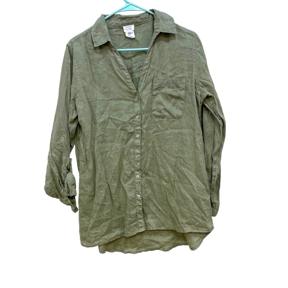 Sigrid Olsen 100% Linen Tab Sleeve Button Front Short Green Womens M
